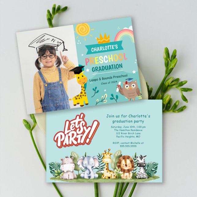 Foto av animalkid Preschool Studentfest Inbjudan (Animal Kid Preschool Photo Graduation Party Invite)