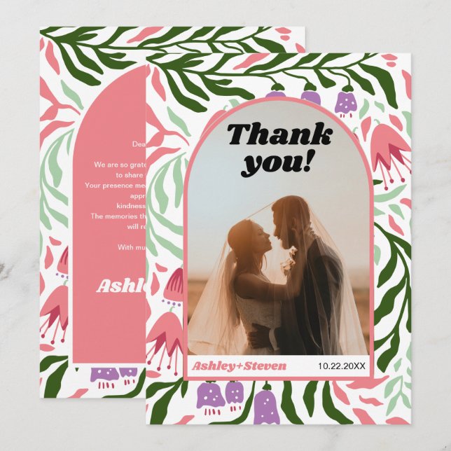 Foto av Boho arch och retro-blommor bröllop Tack Kort (Fram/baksida)