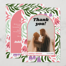 Foto av Boho arch och retro-blommor bröllop Tack Kort