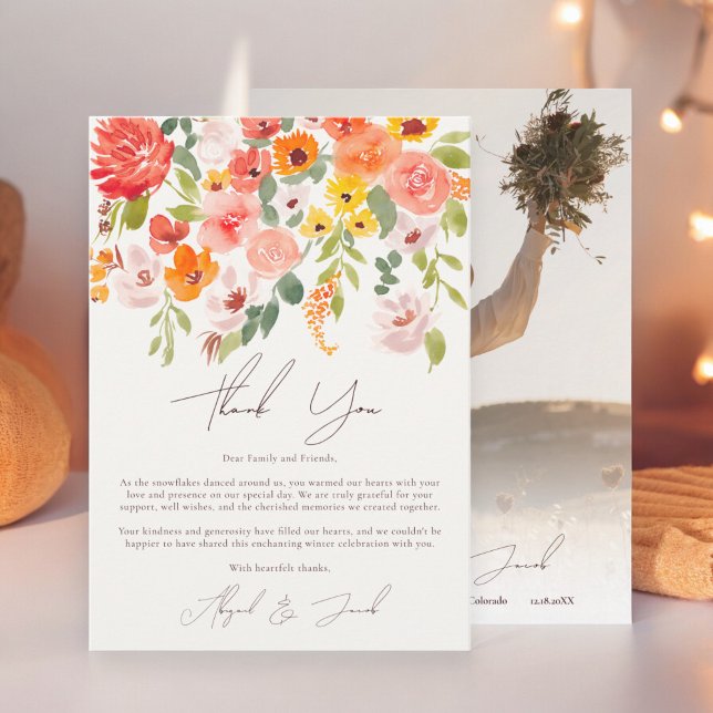Foto av Boho faller rustik blommigt bröllop Tack Kort (Boho fall rustic floral photo wedding thank you card)