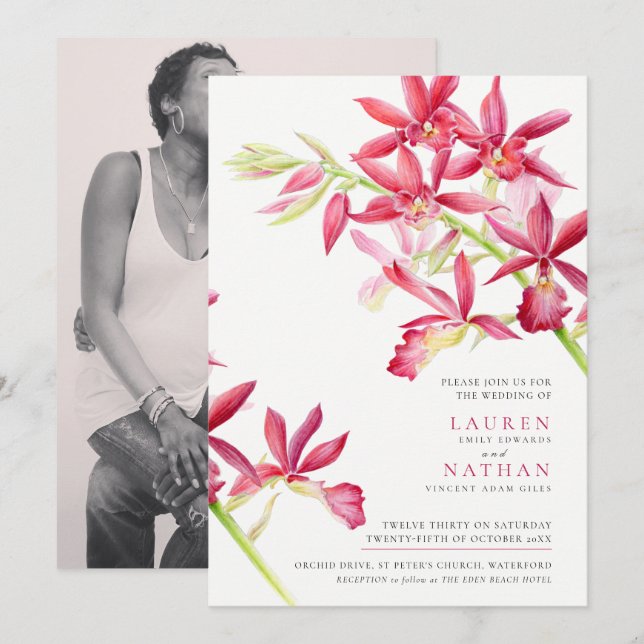 Foto av botaniskt bröllop, rött orkidéfärgat botan inbjudningar (Fram/baksida)