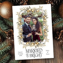 Foto av Bröllop, gift och ljusgult ornament Julkort