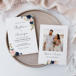 Foto av chic Navy Blue & Rosa Blommigt Bröllop Inbjudningar