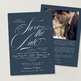 Foto av Classy Navy Blue Elegant Calligraphy Foto Spara Datumet