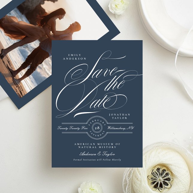 Foto av Classy Navy Blue Elegant Calligraphy Photo Spara Datumet (Skapare uppladdad)