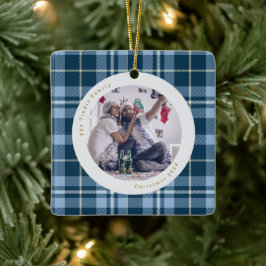 Foto av Cute Blue White Gingham Play Family Photo Julgransprydnad Keramik