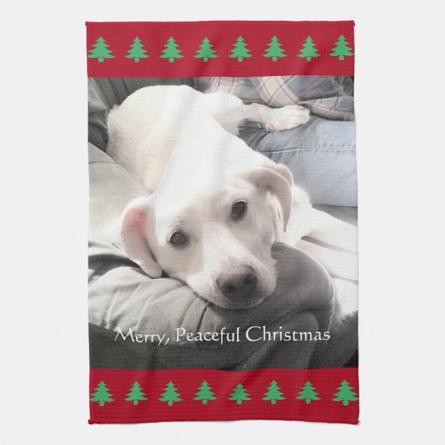 Foto av Cute White Hund Red Julgranar Kökshandduk (Vertikal)