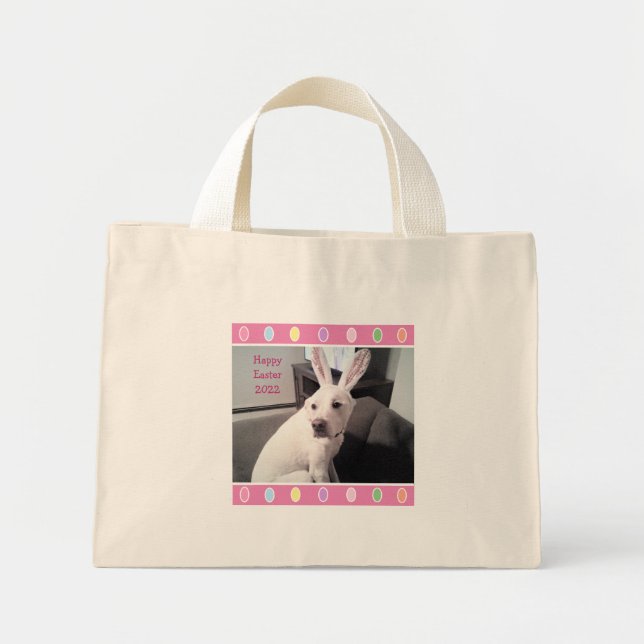 Foto av Cute White Hund Wearing Påskhare Öron Mini Tygkasse (Framsidan)