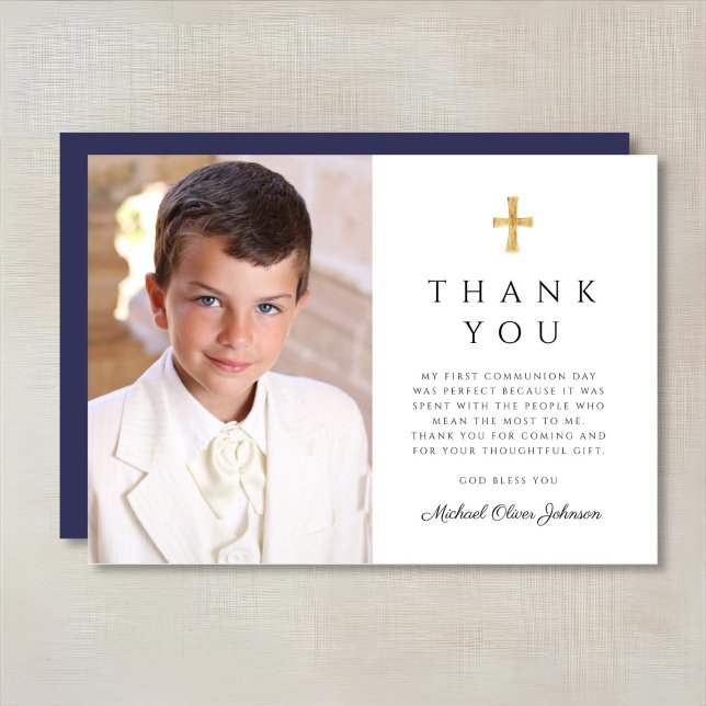 Foto av den första gemensamheten för Modern Navy B Tack Kort (Modern Navy Blue Cross Boy First Communion Photo Thank You Card)
