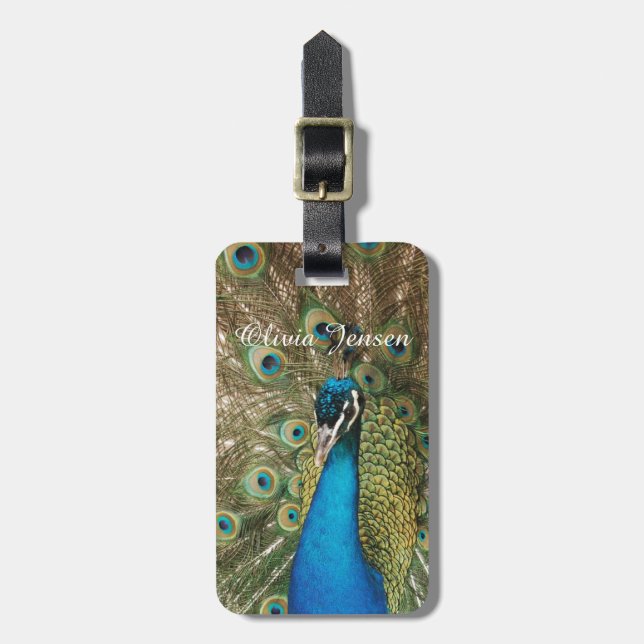 Foto av den härliga påfågeln med spridda fjädrar bagagebricka (Vertikal Framsida)