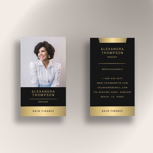 Foto av den moderna Eleganten Guld Rand CEO Profes Visitkort (real estate photo business card black gold elegant simple modern professional broker agent)