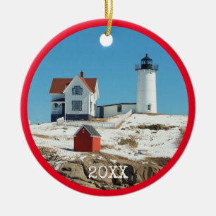 Foto av den röda familjen Nubble Lighthouse Julgransprydnad Keramik