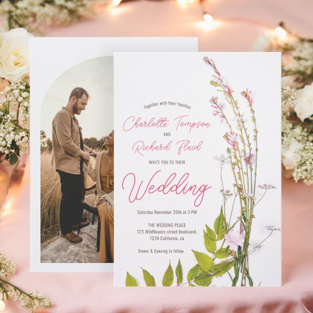 Foto av det moderna boho-skript inbjudningar (Modern boho wildflowers script photo invitation)
