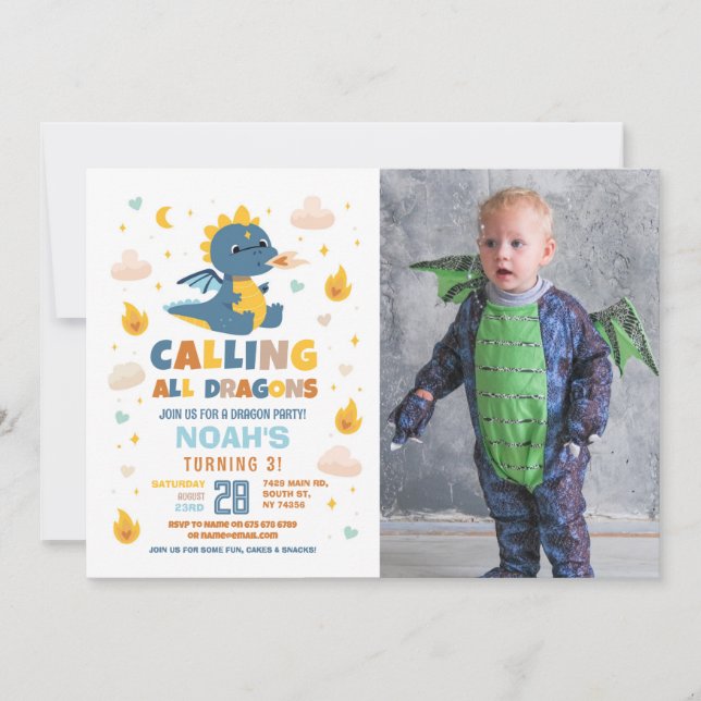 Foto av Dragon Födelsedagsfest Blue Fire Dragons B Inbjudningar (Framsida)