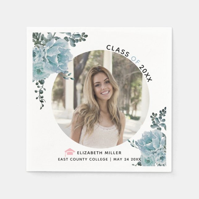 Foto av Dusty blåa blommor 2022 studenten Pappersservett (Framsidan)