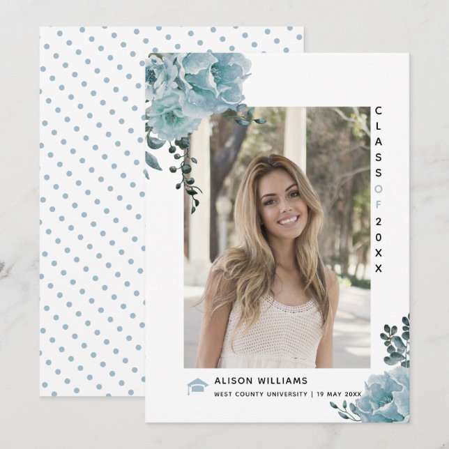 Foto av Dusty blåa blommor 2023 studenten Meddelande (Fram/baksida)