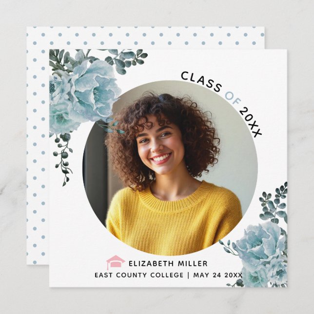 Foto av Dusty blåa blommor 2023 studenten Meddelande (Fram/baksida)