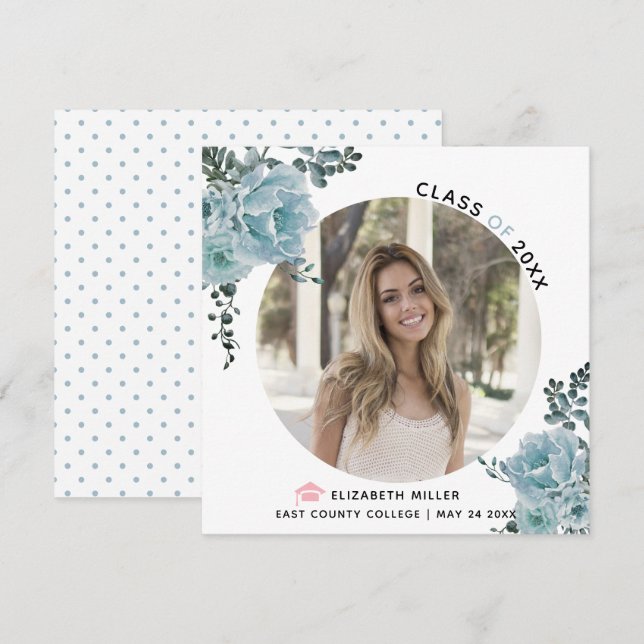 Foto av Dusty blåa blommor 2023 studenten Meddelande (Fram/baksida)