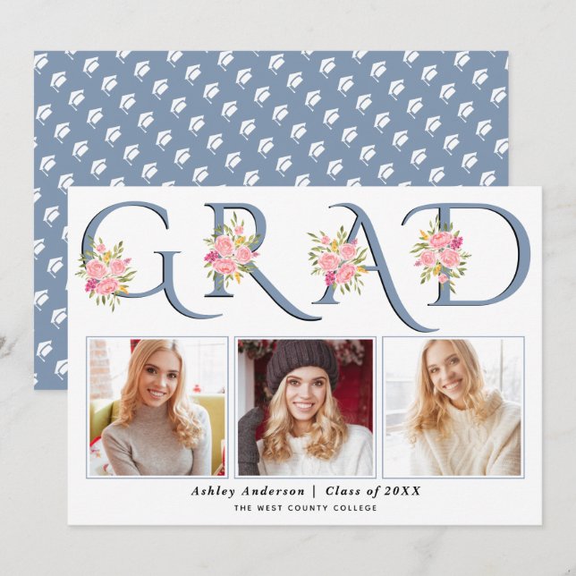 Foto av Dusty Blue GRAD typography rosa ros Meddelande (Fram/baksida)