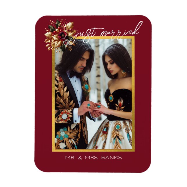 Foto av Elegant Guld Leaf Wedto precis gift Magnet (Vertikal)