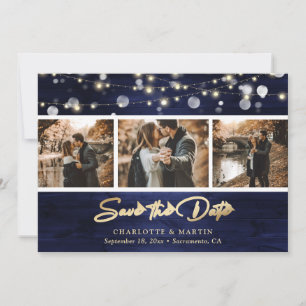 Foto av elegant Navy Blue Gold Foil Wood Bröllop Spara Datumet
