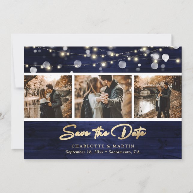 Foto av elegant Navy Blue Gold Foil Wood Bröllop Spara Datumet (Framsida)