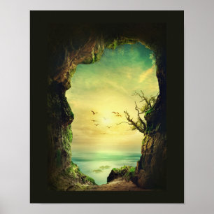Foto av en Cave som förbisått ett Tropiskt hav Poster