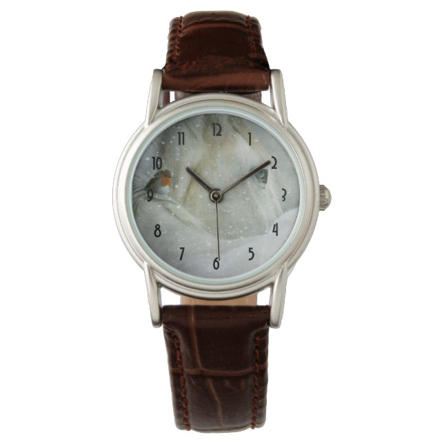 Foto av en vit häst och fågel i vinter armbandsur (Framsida)