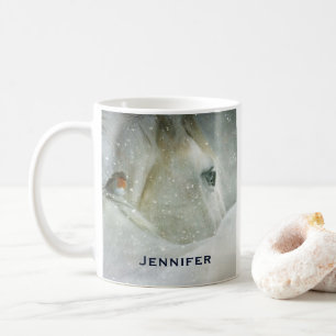 Foto av en vit häst och fågel i vinter kaffemugg