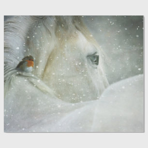 Foto av en vit häst och fågel i vinter presentpapper
