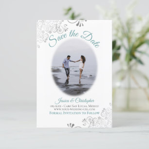 Foto av enkelt Elegant bröllop-oval, Teal & White Spara Datumet