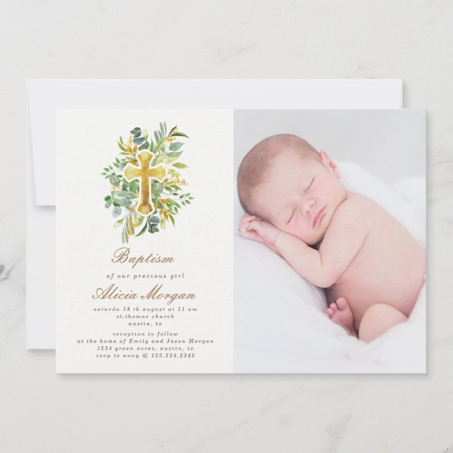 foto av eucalyptus guld blommigt kor-baptism inbjudningar (Framsida)