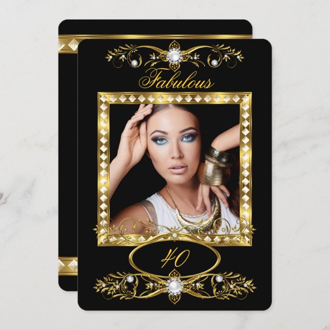 Foto av Fabulous Födelsedagsfest Pearl Black Guld Inbjudningar (Fram/baksida)