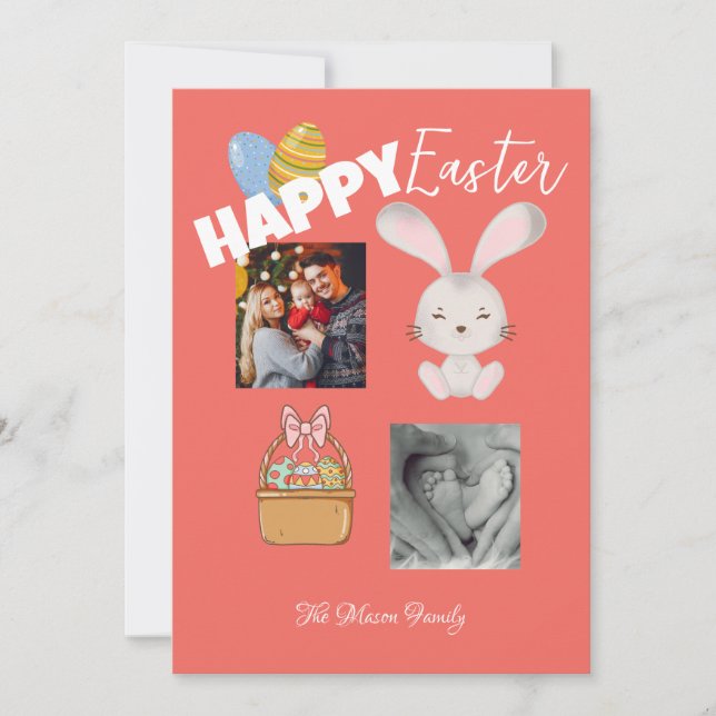 Foto av familjen Glad påsk Bunny och Eggs Red Julkort (Framsida)