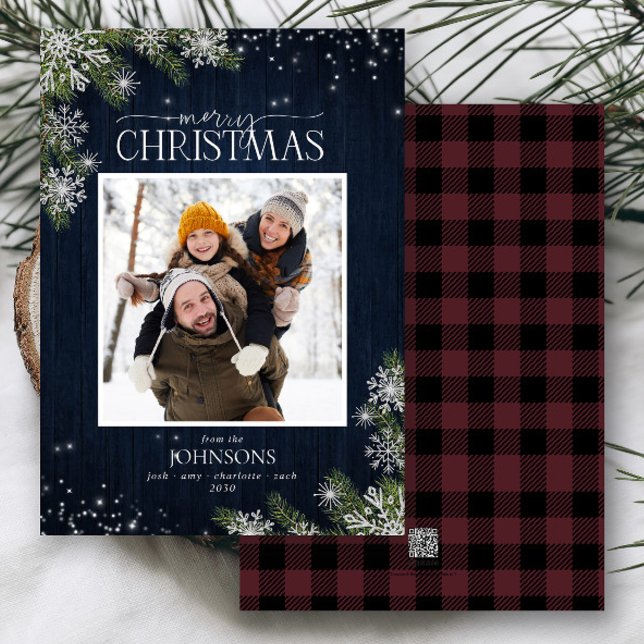 Foto av familjen Rustic Gräs Wood Snöflingor Merry Julkort (Skapare uppladdad)
