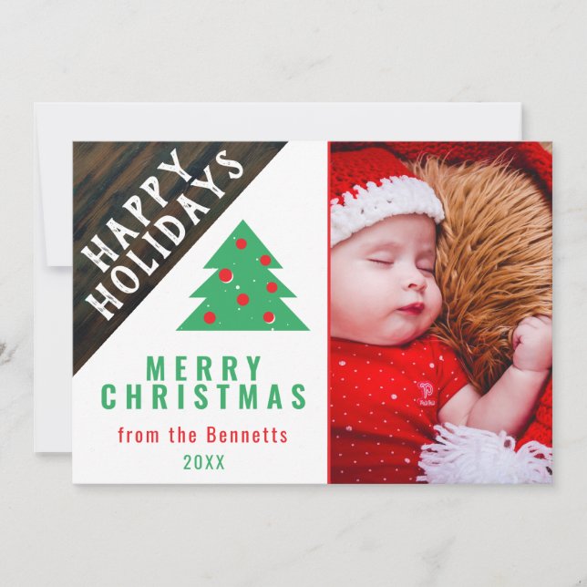 Foto av familjen Rustic Wood Red Grönt Julgran Julkort (Framsida)
