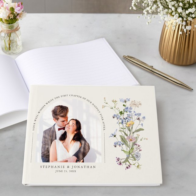 Foto av färgat Vår Wildblomsskugga Bröllop Gästböcker (Colorful Spring Wildflower Meadow Wedding Photo Guest Book)
