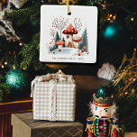Foto av Festive Watercolor Winter Woodland svamp F Julgransprydnad Keramik<br><div class="desc">För familjen Julgran denna festsäsong. Anpassa med ditt textval under huvuddesignen på framsidan och inkludera ditt eget familjefoto på baksidan.</div>