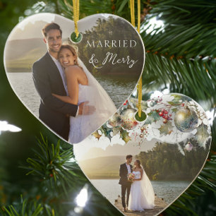 Foto av gift och merry Dubbla Sided Heart Bröllop Julgransprydnad Keramik