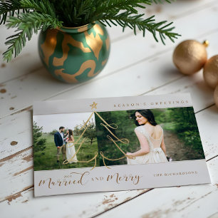 Foto av gift och merry Elegant Guld Helgdag Träd 2 Julkort