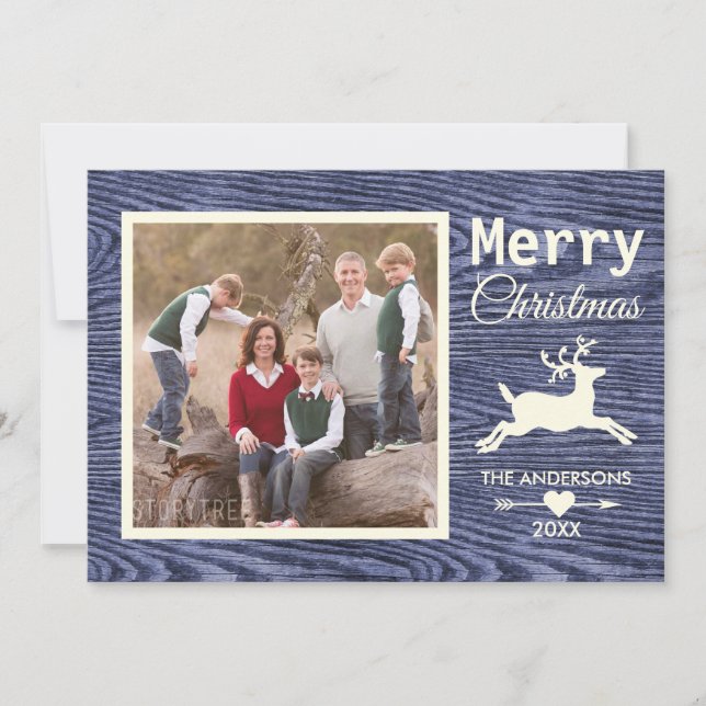 Foto av god jul Blue Rustic Wood Family Photo Julkort (Framsida)