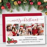 Foto av God jul Red Lastbil 3 Julkort<br><div class="desc">Modern Calligraphy Script 3 Photo Family Photo Collage God jul Card innehåller Watercolor Vintage Red Lastbil med Träd - Red Script</div>