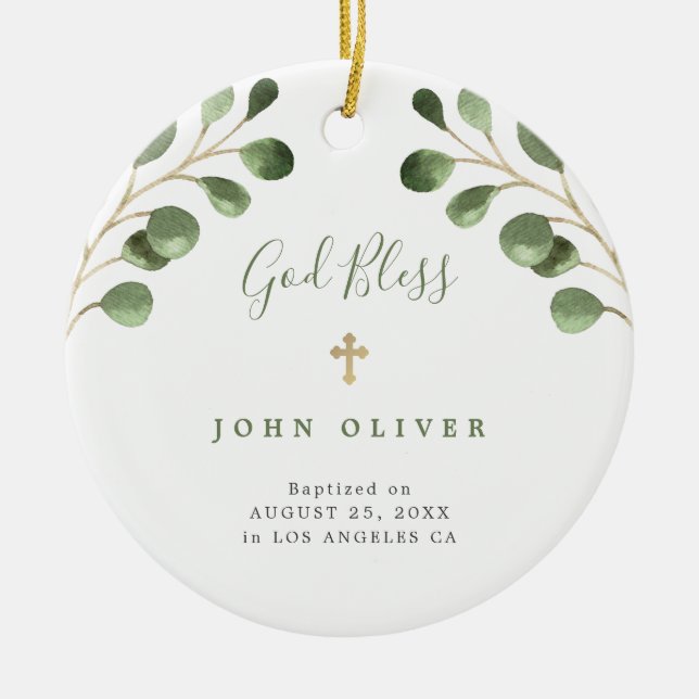 foto av grönt eucalyptus foliage baby baptism julgransprydnad keramik (Framsidan)
