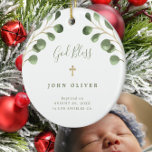 foto av grönt eucalyptus foliage baby baptism  julgransprydnad keramik<br><div class="desc">Vattenskärtad eukalyptus greenery löv och ett handskrivet stil-kalligrafiskript skapar en vacker pojke eller flicka baptism personlig julkeepsaké vit träd ornament.</div>