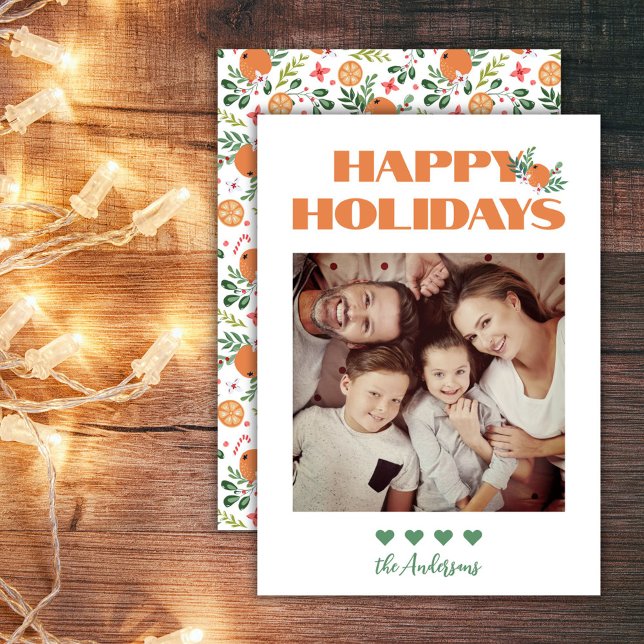 Foto av Grönten Modern Orange - julfamilj Julkort (Christmas Orange Green Modern Family Photo Happy Holiday Card)
