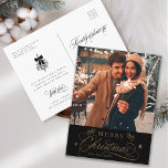 Foto av guld & Black Romantic God jul Vykort<br><div class="desc">Det här vykortet för julfoto innehåller elegant och romantisk,  snabbt kalligrafi-text med pektonsnokar,  stjärnor och anpassningsbar textmeddelande på baksidan. Om du vill ha en mer avancerad anpassning av den här designen klickar du på BLUE DESIGN VERKTYG ovan!</div>