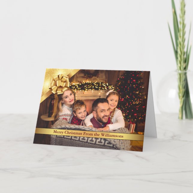 Foto av guld Bow och Ribbon God jul Helgkort (Framsida)