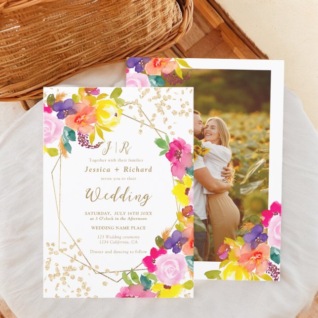 Foto av guld glitter boho fet blommigt bröllop inbjudningar (Gold glitter boho bold floral photo wedding invitation)