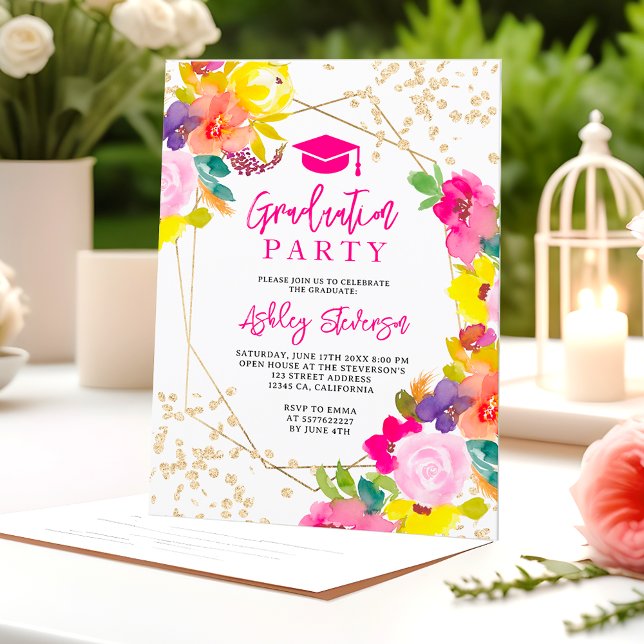 Foto av guld glitter boho fet blommigt studenten inbjudningar (Gold glitter boho bold floral photo graduation invitation)