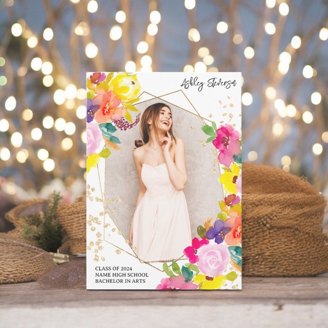 Foto av guld glitter boho fet blommigt studenten meddelande (Gold glitter boho bold floral photo graduation announcement)